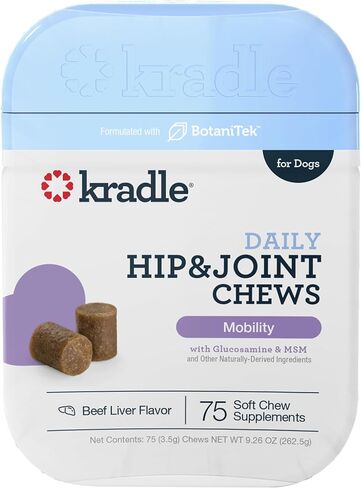 Kradle Daily Hip & Joint Bundle - Mobility & Comfort Topical Spray and Chews - Arthritis Relief Support for Dogs with Soothing Ingredients - for All Dog Breeds & Sizes -75-Count Chew & 4oz Spray in Kuwait