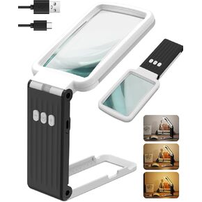 6X Magnifying Glass with Light and Stand, Rechargeable Folding Handheld Real Glass Magnifier, 3 Color Modes Dimmable Lighted Page Magnifier for Reading Small Prints, Seniors with Macular Degeneration