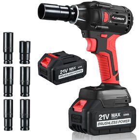 AOBEN Cordless Impact Wrench 1/2 inch,21V 300N.m Brushless Impact Gun with 4.0Ah Battery, Charger & 6 Sockets,Electric Impact Wrench for Car Home