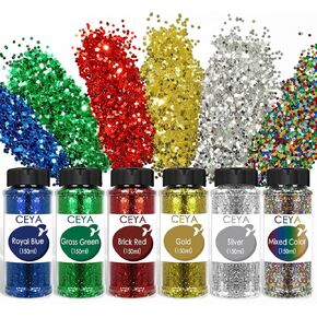 Ceya Bulk Chunky Glitter 6 Assorted Colors, 4.23OZ Each Jar Iridescent Crafts Glitter Set, 1/24" Medium Size Nail Sequins for School Classroom Art,DIY Craft Slime,Blue,Pink,Orange, Green,Yellow,Purple