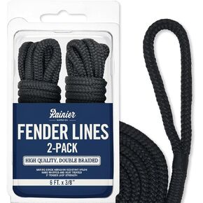 2-Pack Fender Line - 6' x 3/8" Boat Fender Lines - Premium Double Braided Nylon with 5" Fender Loop - Boat Accessories - Black