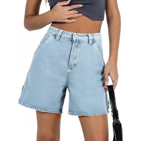 PLNOTME Womens High Waisted Denim Shorts Summer Casual Button Down Baggy Jean Shorts with Pockets