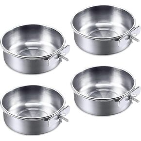 kathson 2 Pack Bird Feeding Cups with Clamp Holder, Parrot Food & Water Cage Hanging Bowl Stainless Steel Coop Cup Dish Feeder for Parakeet Cockatiels Conure Budgies Lovebird Finch