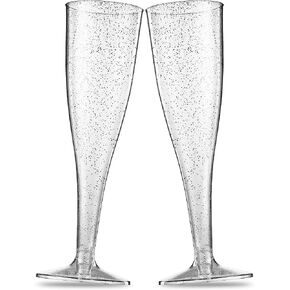 50 Plastic Champagne Flutes - Disposable Champagne Flute - Silver Glitter Plastic Champagne Glasses for Parties, Mimosa Bar, Events, Wedding and Shower Party Supplies - Toasting Cocktail Cups