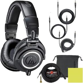 حزمة سماعات سلكية لشاشة الاستوديو الاحترافية باللون الأبيض من Audio Technica ATH-M50X مع 3 كابلات قابلة للفصل، وكابل تمديد لسماعات الرأس بطول 25 قدمًا، ومحول، وحقيبة، وقطعة قماش لتلميع الأدوات