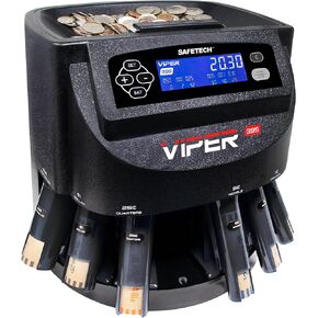 عداد العملات المعدنية والفرز والغلاف من Safetech Viper V395، يفرز جميع العملات المعدنية الأمريكية بما في ذلك نصف الدولارات، ويأتي مع 48 غلافًا مُشكلًا مسبقًا وغطاء غبار