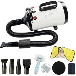 Pet Grooming Hair Dryer - Hair Dryer for Dogs with Adjustable Temperature and Speed, Blue - Includes Pet Brush, Pet Towel, 4 Nozzles (Black)