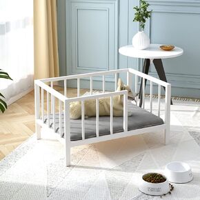 Dog Bed with Rails - Elevated Pet Metal Bed Frame with Solid Wood Board and Washable Soft Mat for Small Dog Indoor or Outdoor Use, 21.3" x 30 ", White