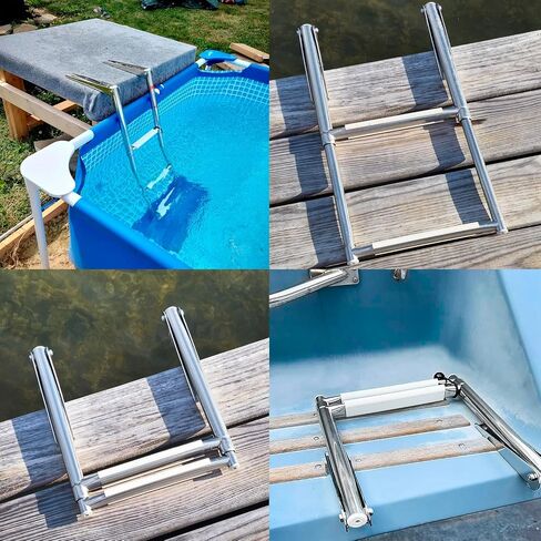 Young Marine 2 Steps Stainless Steel Drop Down Telescopic and Folding Boat Ladder with White Plastic footboard,Over Platform Mounting in Kuwait