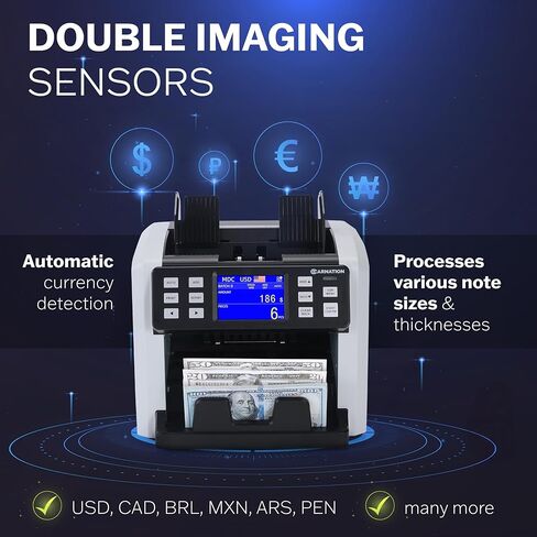 آلة عد النقود ذات الطوائف المختلطة من كارنيشن CR1450 - عداد النقود مع خاصية كشف التزييف بالأشعة فوق البنفسجية/MG/IR - عدد القيمة 1000-1200 نيوتن/متر وسرعة العد ودعم 128 عملة USD/CAD/BRL/MXN/Any in Kuwait