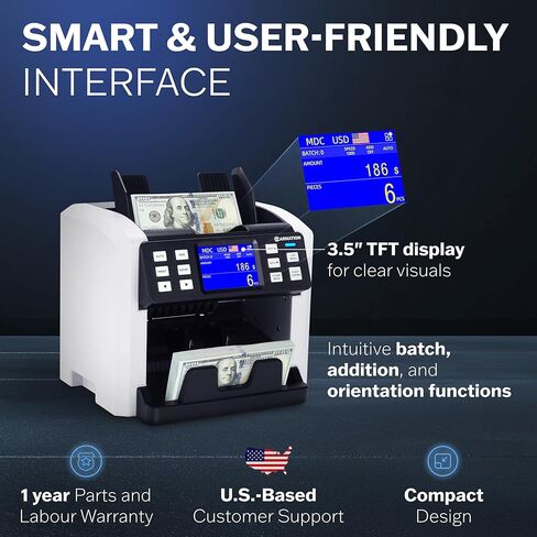 آلة عد النقود ذات الطوائف المختلطة من كارنيشن CR1450 - عداد النقود مع خاصية كشف التزييف بالأشعة فوق البنفسجية/MG/IR - عدد القيمة 1000-1200 نيوتن/متر وسرعة العد ودعم 128 عملة USD/CAD/BRL/MXN/Any in Kuwait