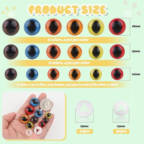 TOAOB 64pcs Safety Eyes for Amigurumis 12mm 15mm 18mm Round Craft Crochet Cat Eyes with Washers for Crocheting Puppet Bear Stuffed Animals Doll Making in Saudi Arabia