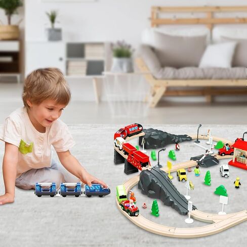 Battery Operated Wooden Train Track Set Toy High Speed for Toddlers 3 4 5 Years Old Boys Kids Magnetic Couplings City Vehicle with Figures in Saudi Arabia