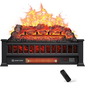 Electric Fireplace Log Insert Heater with IR Remote Control, up to 1500W Heating, 5 Flame Brightness Levels, 24-Hour Timer, Overheat Protection, Suitable for Home and Office Decoration, Black