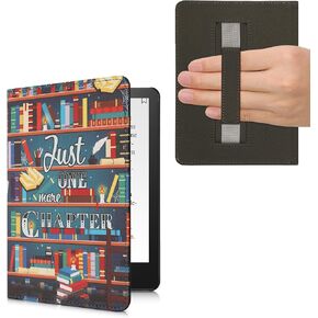 kwmobile Case Compatible with Amazon Kindle Paperwhite 11. Generation 2021 Case - PU Cover w/Strap - Library Motto Multicolor
