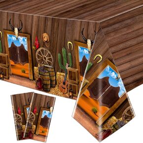 4 Pack Western Tablecloths - Western Birthday Table Cover Wild West Theme Saloon Yeehaw Scene Setters Tablecloth for Western Theme Baby Shower Birthday Party, 86 x 51 Inch