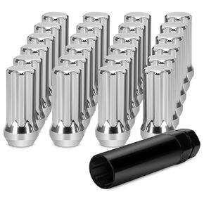 DYNOFIT 14mmx1.5 Wheel Lug Nuts, 24x Silver 7 Spline Conical/Cone Bulge Seat Closed End M14x1.5 Lug Nuts with 2 Socket Keys for Chevy GMC Cadillac Lincoln SAAB Saturn 6 Lug Aftermarket Wheels
