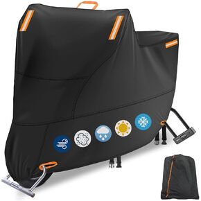 600D Motorcycle Cover Waterproof Outdoor Storage, Heavy Duty Oxford Motorbike Scooter Cover All Weather Protection with 4 Reflective Strips, 2 Lock-Holes, 2 Windproof Buckles (L: 74 x 35 x 43 inch)