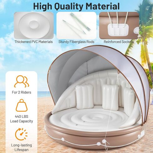 Goplus Inflatable Pool Float with Canopy, 71"x71" Floating Lounge Island w/UPF50+ Retractable Removable Sunshade, 2 Built-in Cup Holders, Giant Raft Load 440LBS for 2-3 Person Lake River Pool in Kuwait