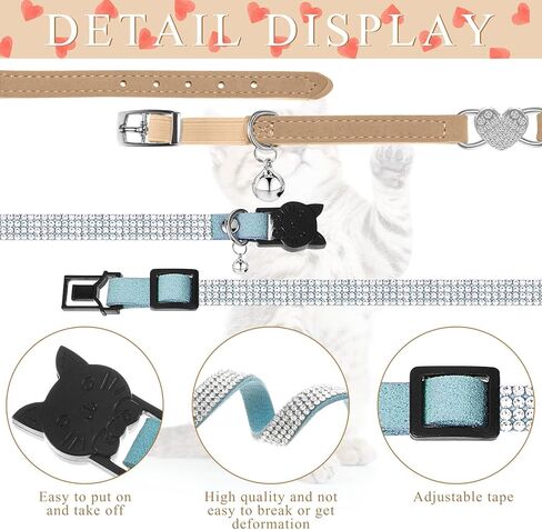 4 قطع من حجر الراين للقطط على شكل قلب بلينغ الانفصالية للقطط، طوق للقطط في عيد الحب، طوق مخملي ناعم مع حجر الراين، قلب الحب قابل للتعديل، طوق للقطط الآمن مع جرس للكيتي (أحمر، أسود) in Kuwait