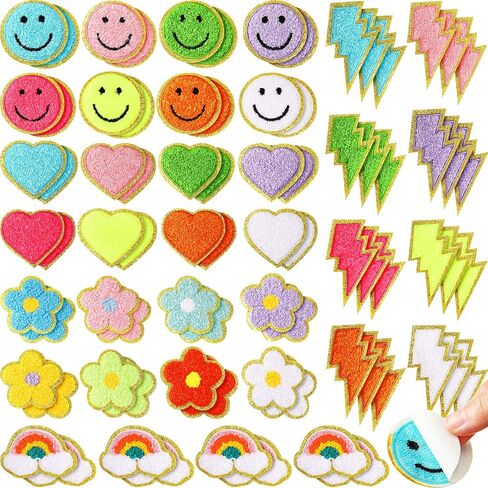 80 Pcs Chenille Iron on Patches 3D Cute Embroidered Rainbow Lightning Smile Face Heart Self Adhesive Patches Applique Sewing Badges Patch for Fabric Clothing Jackets Jeans DIY (Lovely Style) in Kuwait
