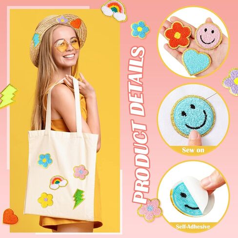 80 Pcs Chenille Iron on Patches 3D Cute Embroidered Rainbow Lightning Smile Face Heart Self Adhesive Patches Applique Sewing Badges Patch for Fabric Clothing Jackets Jeans DIY (Lovely Style) in Kuwait