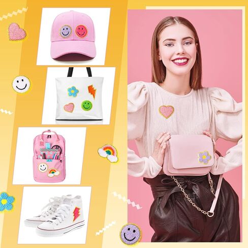 80 Pcs Chenille Iron on Patches 3D Cute Embroidered Rainbow Lightning Smile Face Heart Self Adhesive Patches Applique Sewing Badges Patch for Fabric Clothing Jackets Jeans DIY (Lovely Style) in Kuwait