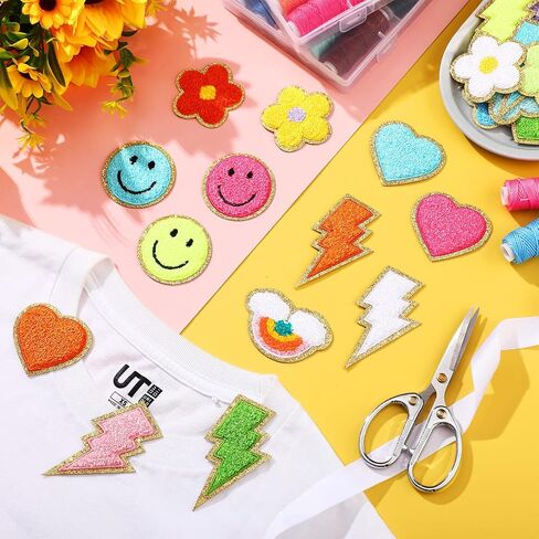80 Pcs Chenille Iron on Patches 3D Cute Embroidered Rainbow Lightning Smile Face Heart Self Adhesive Patches Applique Sewing Badges Patch for Fabric Clothing Jackets Jeans DIY (Lovely Style) in Kuwait
