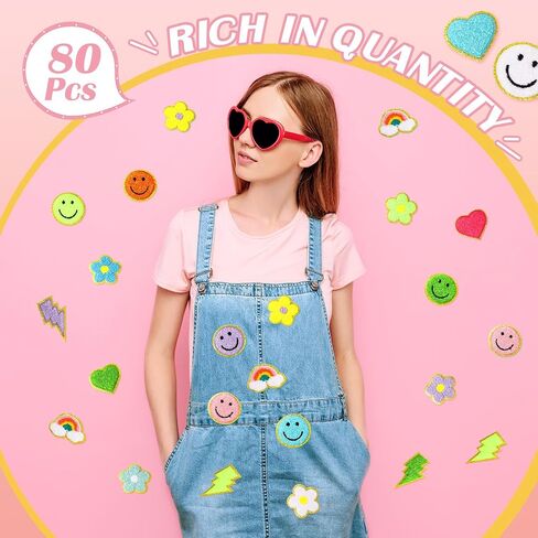 80 Pcs Chenille Iron on Patches 3D Cute Embroidered Rainbow Lightning Smile Face Heart Self Adhesive Patches Applique Sewing Badges Patch for Fabric Clothing Jackets Jeans DIY (Lovely Style) in Kuwait