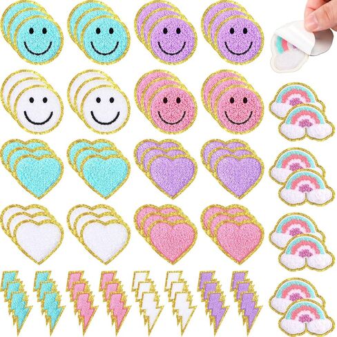 80 Pcs Chenille Iron on Patches 3D Cute Embroidered Rainbow Lightning Smile Face Heart Self Adhesive Patches Applique Sewing Badges Patch for Fabric Clothing Jackets Jeans DIY (Lovely Style) in Kuwait