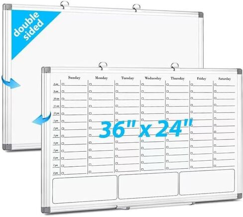 White Board Dry Erase Board for Wall, Magnetic Whiteboard Calendar 24" X 18", Weekly Calendar Whiteboard with Hourly Time Slots, Hanging Double-Sided White Board for Office, School, Home in Kuwait