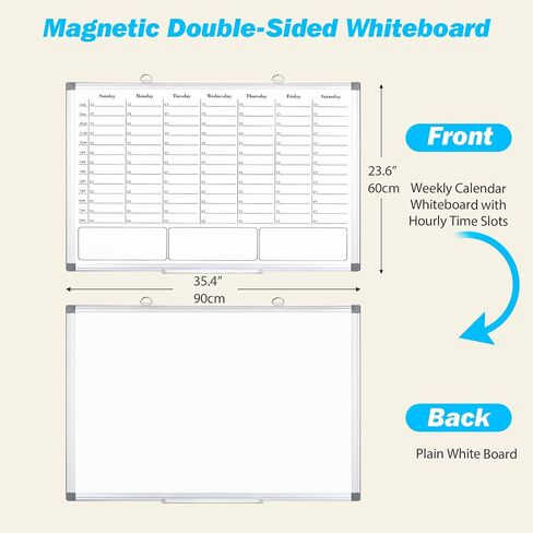 White Board Dry Erase Board for Wall, Magnetic Whiteboard Calendar 24" X 18", Weekly Calendar Whiteboard with Hourly Time Slots, Hanging Double-Sided White Board for Office, School, Home in Kuwait