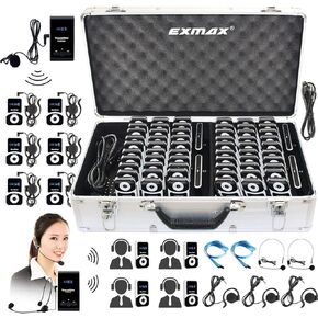 EXMAX ATG-100T 195-230MHz Wireless Tour Guide System Headsets Simultaneous Church Translation Translator Interpretation Equipment For Social Distancing Teaching Conference (1 Transmitter 6 Receivers)