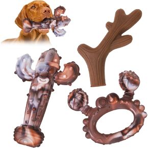 Indestructible Dog Toy for Aggressive Chewers, 3 Pack Dog Dental Chew Proof Toy for Teeth Cleaning Nylon Bacon Flavor Durable Bones Toys for Small Medium Large Breed (Rhinoceros, Deer, Antlers)