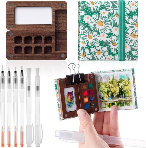 Qilery Mini Portable Watercolor Palette Set Wooden Grid Paint Box, Watercolor Paper Pad Watercolor Sketch Book Watercolor Brush Pens with Binder Clips for Painters Artists Students(Pine Green) in Saudi Arabia