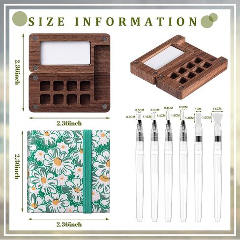 Qilery Mini Portable Watercolor Palette Set Wooden Grid Paint Box, Watercolor Paper Pad Watercolor Sketch Book Watercolor Brush Pens with Binder Clips for Painters Artists Students(Pine Green) in Saudi Arabia