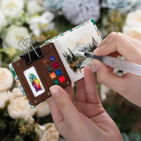Qilery Mini Portable Watercolor Palette Set Wooden Grid Paint Box, Watercolor Paper Pad Watercolor Sketch Book Watercolor Brush Pens with Binder Clips for Painters Artists Students(Pine Green) in Saudi Arabia