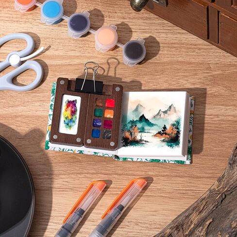 Qilery Mini Portable Watercolor Palette Set Wooden Grid Paint Box, Watercolor Paper Pad Watercolor Sketch Book Watercolor Brush Pens with Binder Clips for Painters Artists Students(Pine Green) in Saudi Arabia