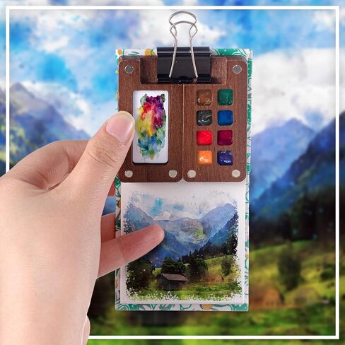 Qilery Mini Portable Watercolor Palette Set Wooden Grid Paint Box, Watercolor Paper Pad Watercolor Sketch Book Watercolor Brush Pens with Binder Clips for Painters Artists Students(Pine Green) in Saudi Arabia
