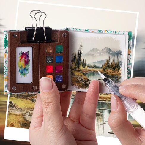 Qilery Mini Portable Watercolor Palette Set Wooden Grid Paint Box, Watercolor Paper Pad Watercolor Sketch Book Watercolor Brush Pens with Binder Clips for Painters Artists Students(Pine Green) in Saudi Arabia