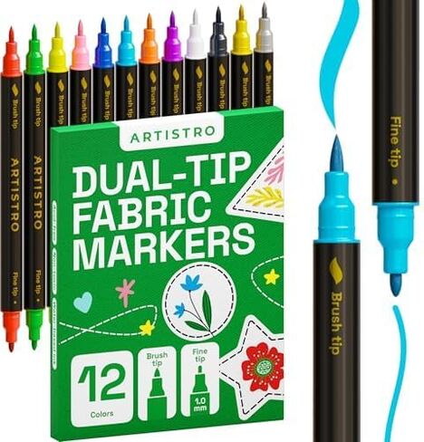 ARTISTRO 2 Black Fabric Markers - Dual-Tip Fabric Markers Permanent for Clothes - No Bleed Fabric Pens for T-Shirts, Bags, Textile, Canvas, and more (Brush Tip and Fine Tip) in Saudi Arabia