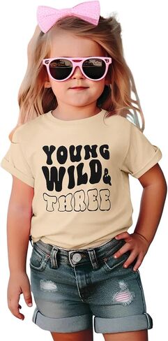 IZYJOY Young Wild and Three Shirt Toddler Baby Girls 3rd Birthday T-Shirts Retro Rainbow Birthday Outfit 3 Year Old Party Tee in Saudi Arabia