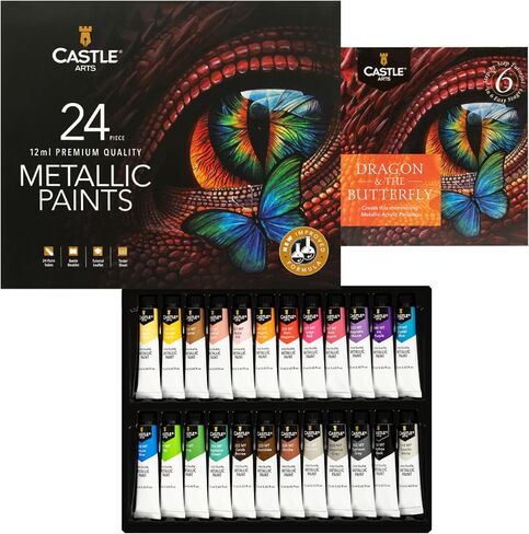 مجموعة أنابيب أكريليك معدنية مكونة من 24 قطعة من Castle Art Supplies | أنابيب 24 × 12 مل للفنانين البالغين والمبتدئين والحرفيين، تضيف جودة لامعة على مجموعة متنوعة من الأسطح | في صندوق قوي ومقدم بشكل جميل in Kuwait