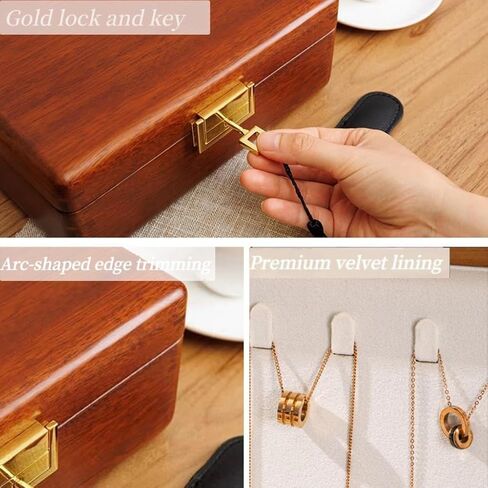 2 Layer Solid Walnut Wooden Jewelry Box with Lock and Key for Women Men Vintage Velvet Wood Jewelry Organizer Storage for Earrings Rings Necklaces Bracelet Watch Mothers Day Gift in Saudi Arabia