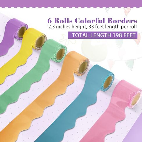 6 Rolls 198 Ft Bulletin Board Borders for Classroom, Bulletin Board Paper Roll Scalloped Classroom Borders, Colorful Decoration Bulletin Board Border for Classroom Decor,Home Decor,Party in Kuwait