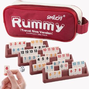 Smilejoy Rummy Cube Game,Travel Size Rummy Game with Canvas Bag,Mini Rummy Game for Adult and Kids,106 Tiles, 4 Playing Rack, 1 Dice (2-4 Players)