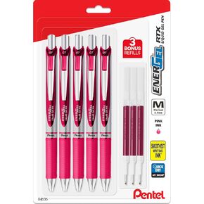 Pentel EnerGel 0.7 mm Liquid Gel Ink Pens - Pack of 5 Pink Deluxe RTX Energel Pens with 3 Refills