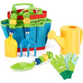 FITNATE Green Kids Garden Tools Set,6 PCS Garden Tools Including Watering Can, Shovel, Rake, Fork, Children Gardening Gloves and Garden Tote Bag, All in One Set