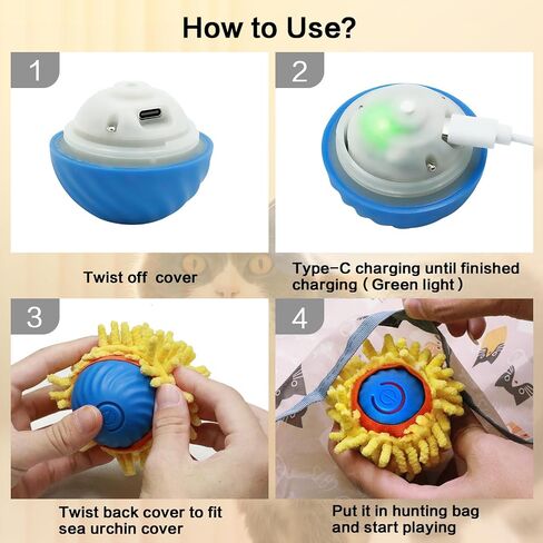 Interactive Cat Toys for Indoor Cats Cat Gifts Sea Urchin Smart Bounce Ball Fast Rolling with Light Automatic Moving Cat Toy Hide and Seek Game in Square Pouch for Cat for Cat in Kuwait