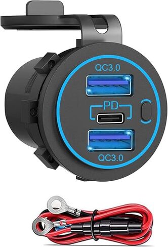 منفذ USB C 12 فولت، مقبس طاقة USB-C PD 20 وات ومقبس 18 وات QC3.0 مخرج طاقة مقاوم للماء 12 فولت/24 فولت مع مفتاح طاقة للسيارة وعربة الجولف والقارب البحري والحافلات البحرية والشاحنات RV والدراجات النارية البحرية وما إلى ذلك. in Kuwait